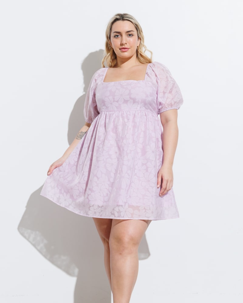 Front of a model wearing a size 1X Floral Mini Dress in LAVENDER by Baevely. | dia_product_style_image_id:274999